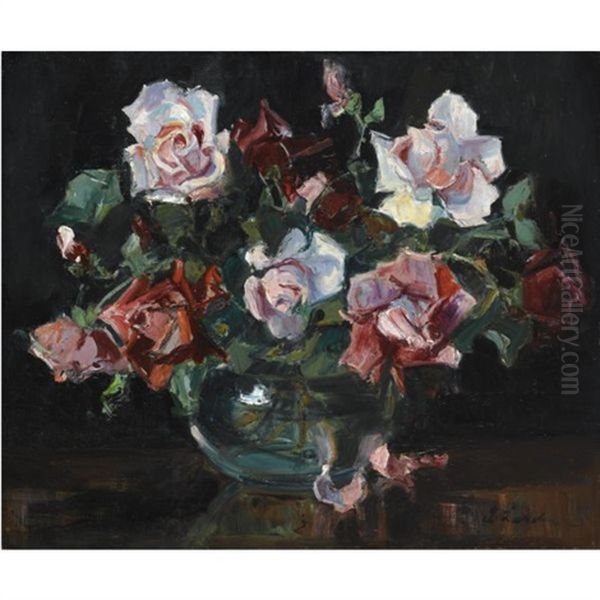 Still Life With Roses Oil Painting by Georgi Alexandrovich Lapchine