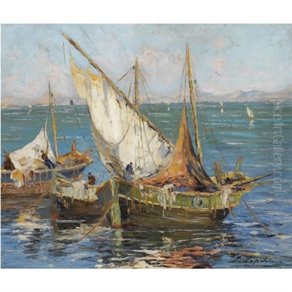 Fishing Boats In The South Of France Oil Painting by Georgi Alexandrovich Lapchine