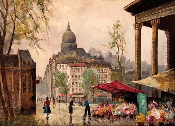 Le Marche Aux Fleurs Parisien Oil Painting by Georgi Alexandrovich Lapchine