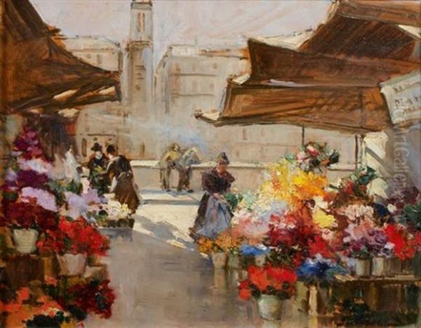 Le Marche Aux Fleurs Oil Painting by Georgi Alexandrovich Lapchine