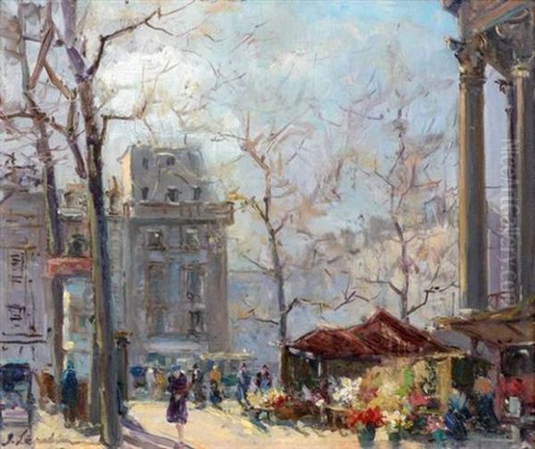 Marche Aux Fleurs, Place De La Madeleine Oil Painting by Georgi Alexandrovich Lapchine