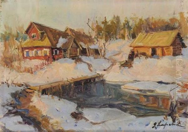 Village Russe Sous La Neige Oil Painting by Georgi Alexandrovich Lapchine