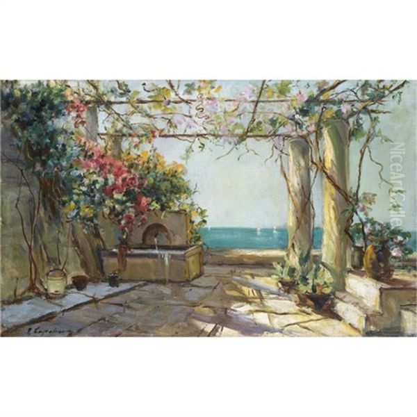 View Of A Garden In The South Of France Oil Painting by Georgi Alexandrovich Lapchine