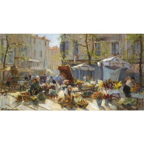 The Flower Market In Aix-en-provence Oil Painting by Georgi Alexandrovich Lapchine