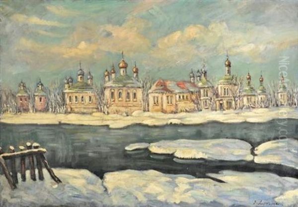 Ville Russe Sous La Neige Oil Painting by Georgi Alexandrovich Lapchine