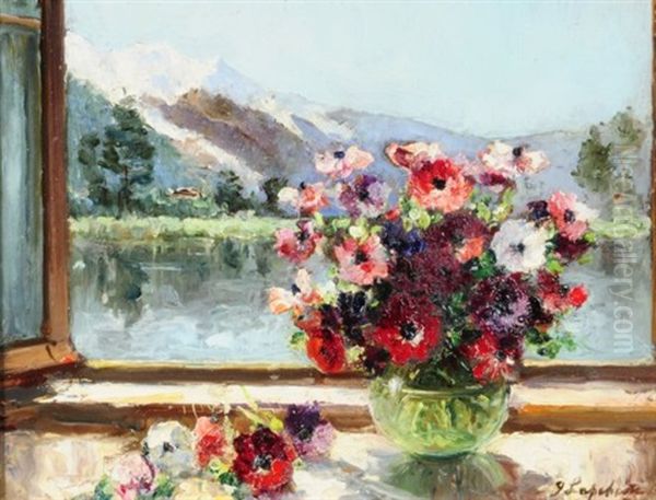 Vase De Fleurs A La Fenetre D'un Chalet Oil Painting by Georgi Alexandrovich Lapchine