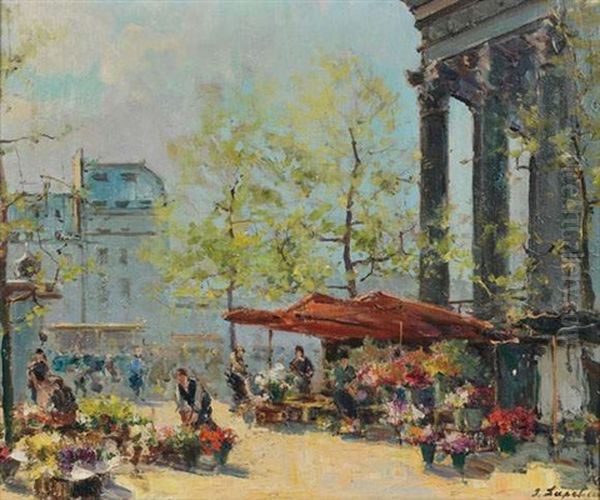 Le Marche Aux Fleurs, Place De La Madeleine Oil Painting by Georgi Alexandrovich Lapchine