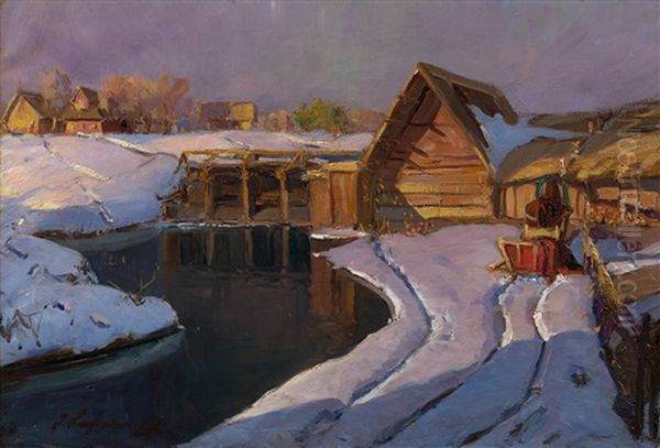 Village Mill In The Snow Oil Painting by Georgi Alexandrovich Lapchine