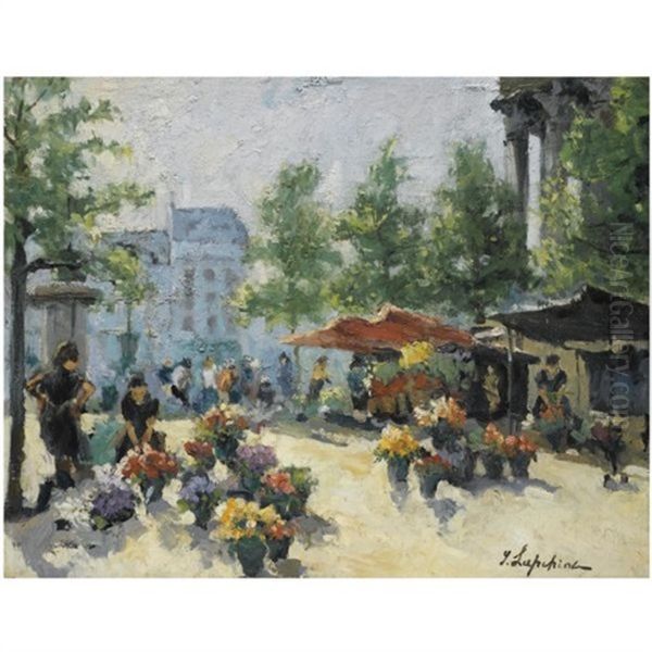 Flower Market At The Madeleine, Paris Oil Painting by Georgi Alexandrovich Lapchine