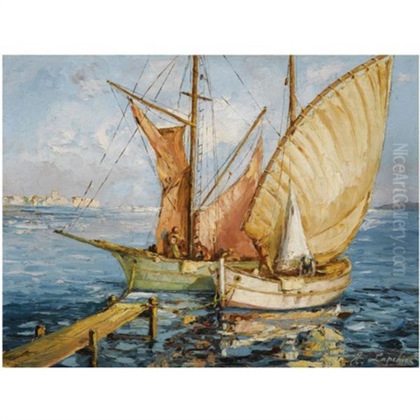 Two Ships By The Quay Oil Painting by Georgi Alexandrovich Lapchine