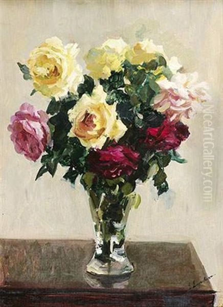 Bouquet De Roses Oil Painting by Georgi Alexandrovich Lapchine