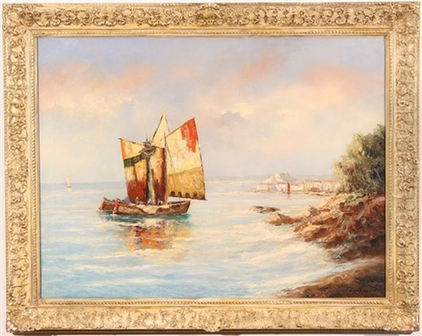 Boats In A Harbor Oil Painting by Georgi Alexandrovich Lapchine