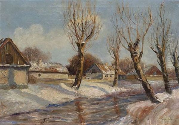 Winterlandschaft Mit Hausern Oil Painting by Georgi Alexandrovich Lapchine