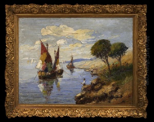 Coastal View With Fisherman And Sailboats Oil Painting by Georgi Alexandrovich Lapchine