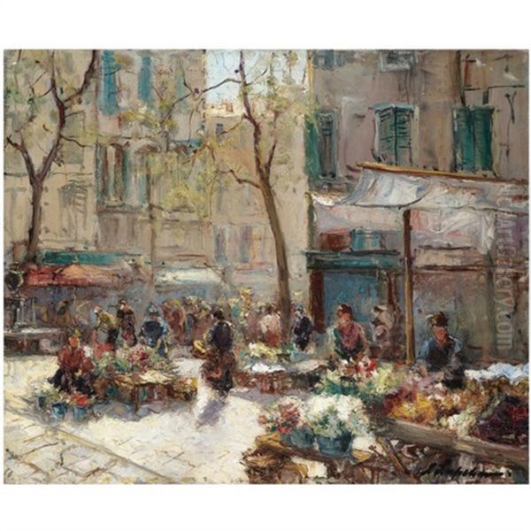 Flower Market In Paris Oil Painting by Georgi Alexandrovich Lapchine