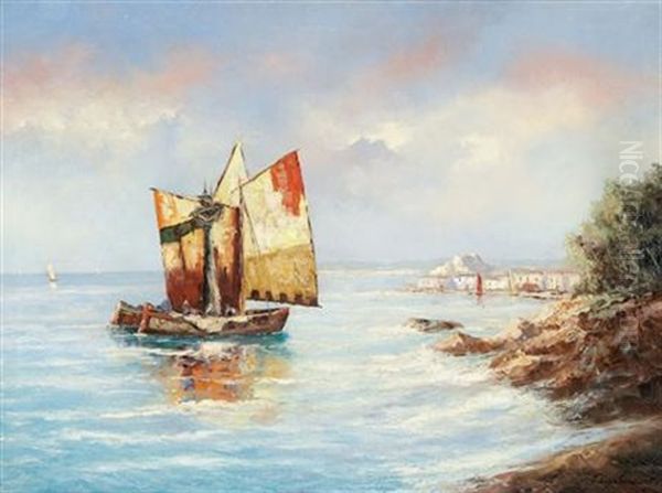 Sailboat Off Shore Oil Painting by Georgi Alexandrovich Lapchine