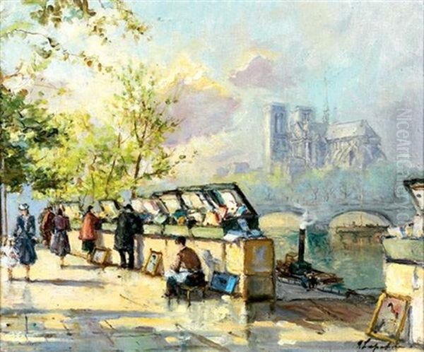 Les Bouquinistes, Quai De La Tournelle Oil Painting by Georgi Alexandrovich Lapchine