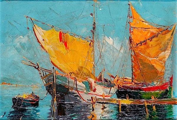 Barques De Peche En Mediterrannee Oil Painting by Georgi Alexandrovich Lapchine