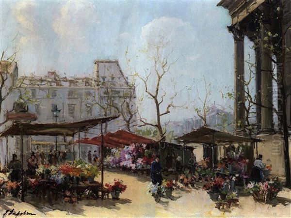 Le Marche Aux Fleurs A La Madeleine Oil Painting by Georgi Alexandrovich Lapchine