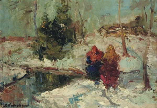 Figures In A Winter Landscape by Georgi Alexandrovich Lapchine