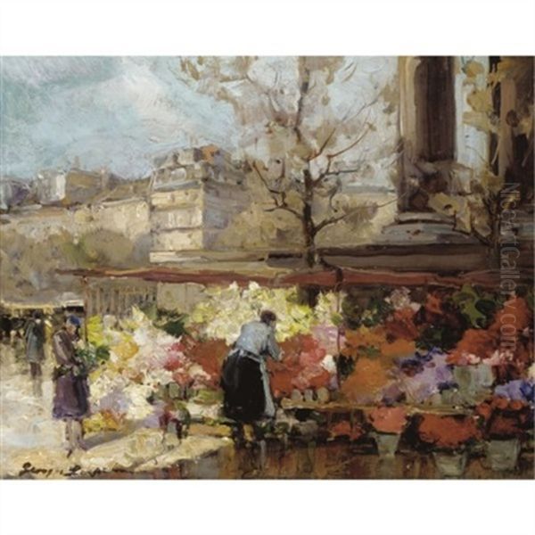 Flower Seller At La Madeleine, Paris by Georgi Alexandrovich Lapchine