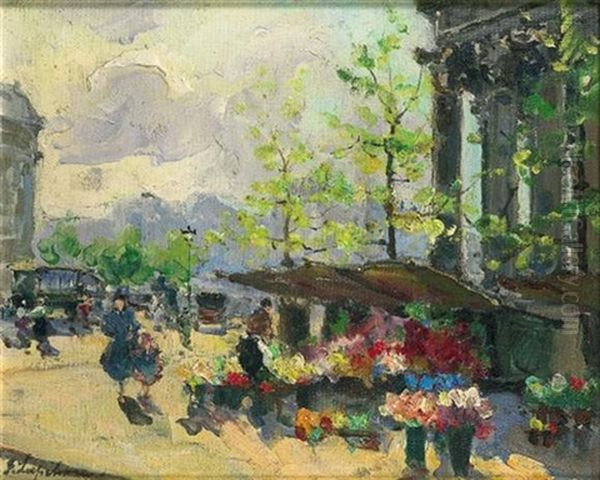 Marche Aux Fleurs, Place De La Madeleine Oil Painting by Georgi Alexandrovich Lapchine