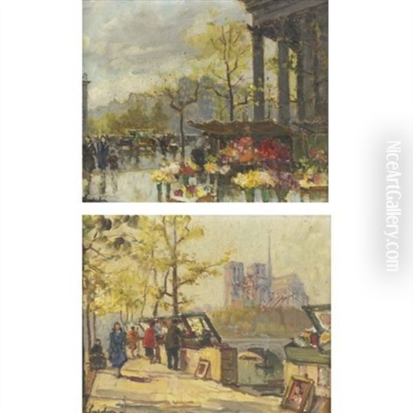 The Parisian Flower Seller (+ Along The Seine; Pair) Oil Painting by Georgi Alexandrovich Lapchine