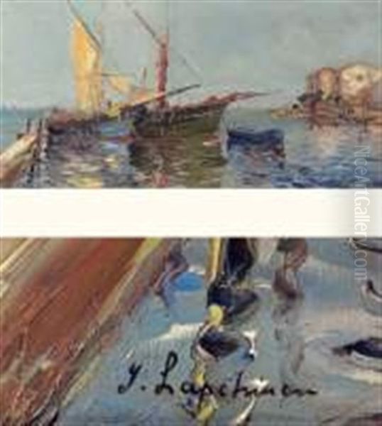 Barque Et Tartares Aux Martigues Oil Painting by Georgi Alexandrovich Lapchine