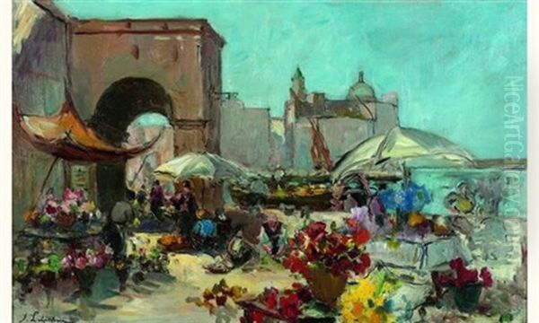 Le Marche Aux Fleurs Oil Painting by Georgi Alexandrovich Lapchine