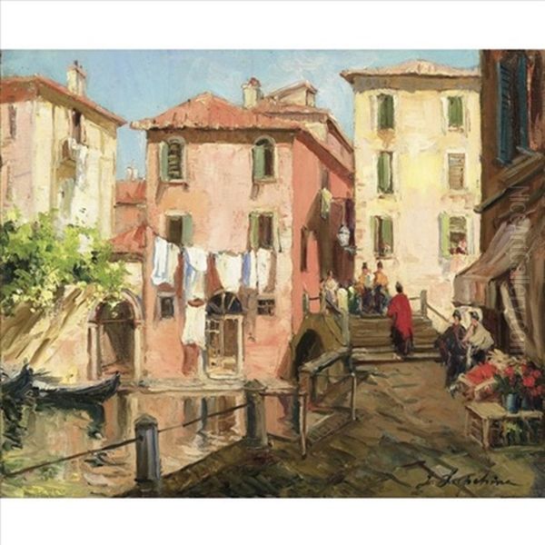 Venetian Street Scene Oil Painting by Georgi Alexandrovich Lapchine