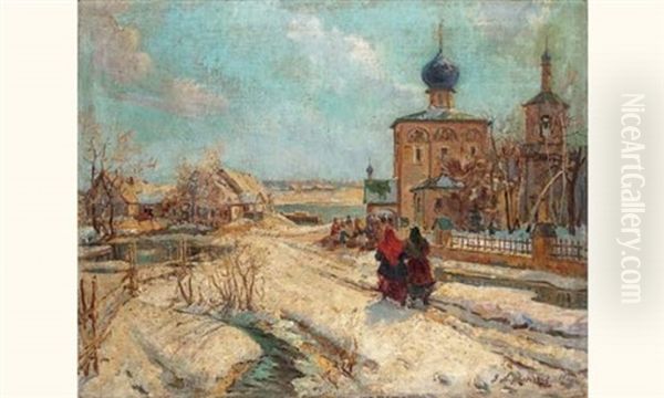 Deux Femmes Dans Un Village Enneige Oil Painting by Georgi Alexandrovich Lapchine