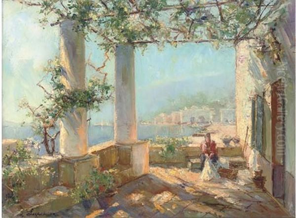 On The Terrace Of A Villa In The South Of France Oil Painting by Georgi Alexandrovich Lapchine