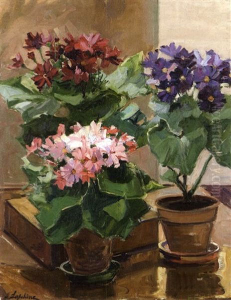 Nature Morte Aux Pots De Fleurs Dans Un Interieur Oil Painting by Georgi Alexandrovich Lapchine