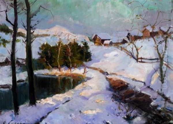 Winter Sunset Oil Painting by Georgi Alexandrovich Lapchine