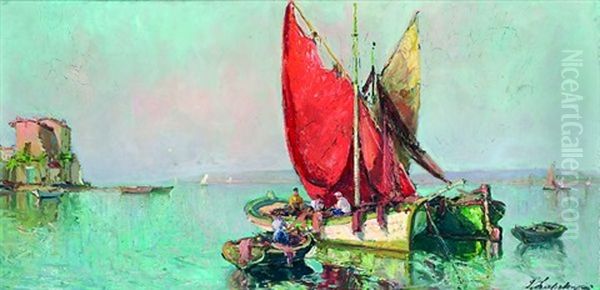 Barques De Peche En Mediterranee Oil Painting by Georgi Alexandrovich Lapchine