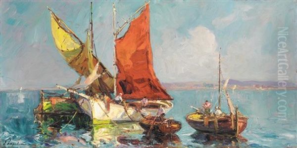 Boats On The Lake Oil Painting by Georgi Alexandrovich Lapchine