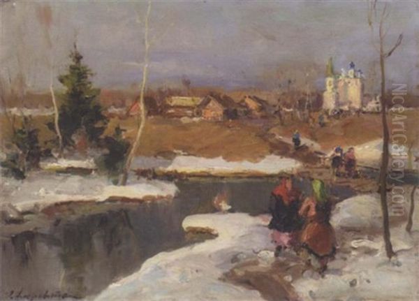 Spring Thaw Oil Painting by Georgi Alexandrovich Lapchine