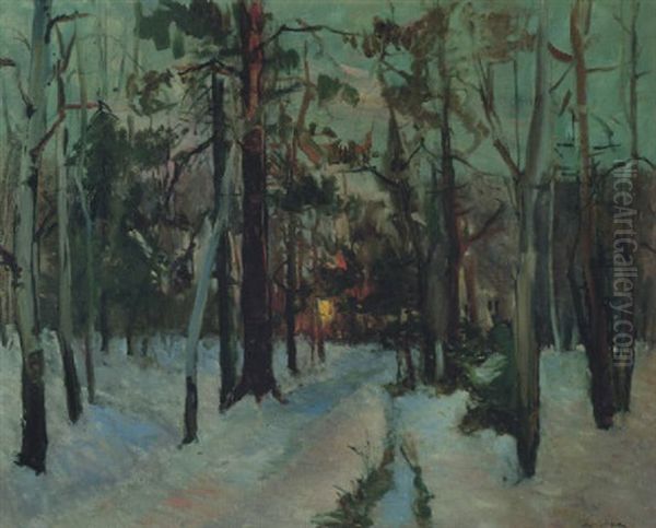 Neige En Sous-bois Oil Painting by Georgi Alexandrovich Lapchine