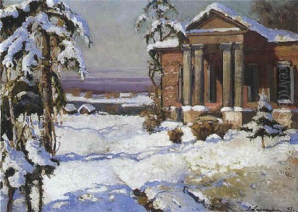 Village Sous La Neige Oil Painting by Georgi Alexandrovich Lapchine