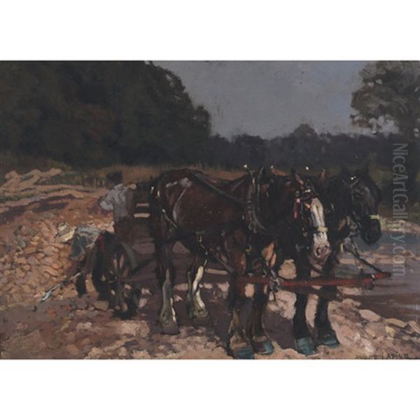 Team Of Horses At The Gravel Pit Oil Painting by Andreas Christian Gottfried Lapine