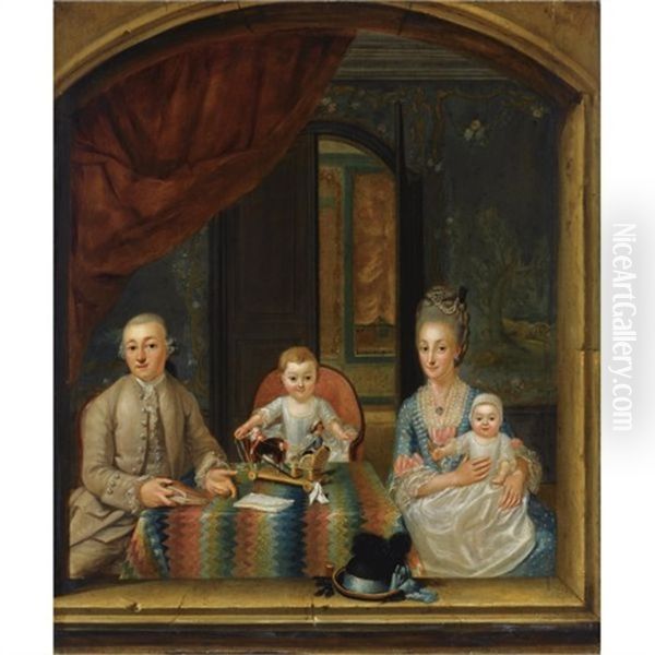 A Family Portrait Of A Gentleman And His Wife, With Their Two Children, Seated Around A Table In An Elegant Room, In Front Of A Window by Hieronymus Lapis