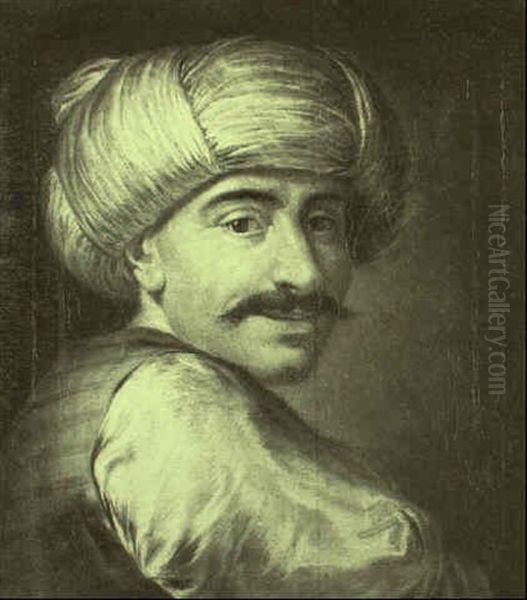 Portrait Of A Turk Wearing A Red Silk Waistcoat And White Turban Oil Painting by Hieronymus Lapis