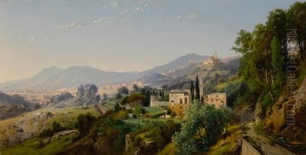 A View Of Genoa From The East With The Lanterna And The Church Of Santa Maria Assunta Di Carignano In The Distance And The Santuario Di Nostra Signora Del Monte To The Right Oil Painting by Louis Auguste Lapito