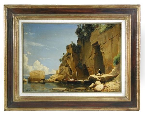 The Cote De Sansilippe-a Mediterranean View With An Artist Painting At His Easel Oil Painting by Louis Auguste Lapito