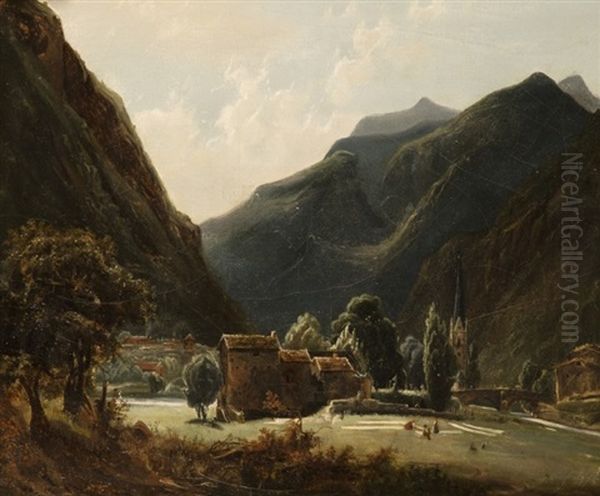 Village Dans Une Vallee Suisse Oil Painting by Louis Auguste Lapito