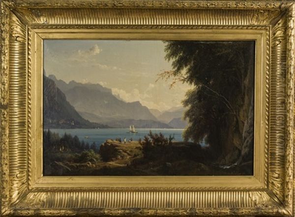 Vue Du Lac D'annecy Depuis Sevrier, Animee De Personnages Oil Painting by Louis Auguste Lapito