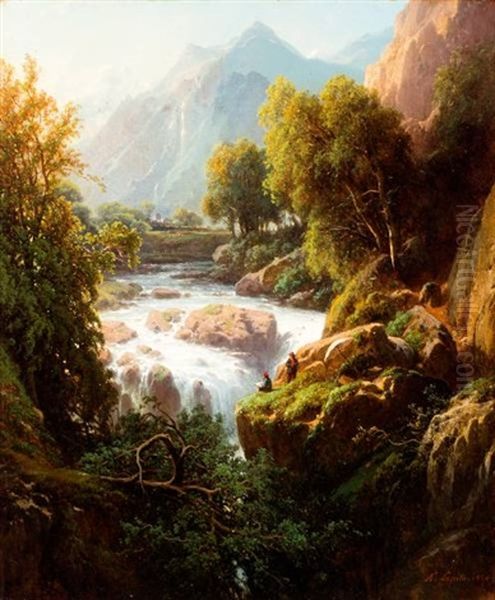 Kunstenaar Bij Een Waterval In Bergvallei Oil Painting by Louis Auguste Lapito