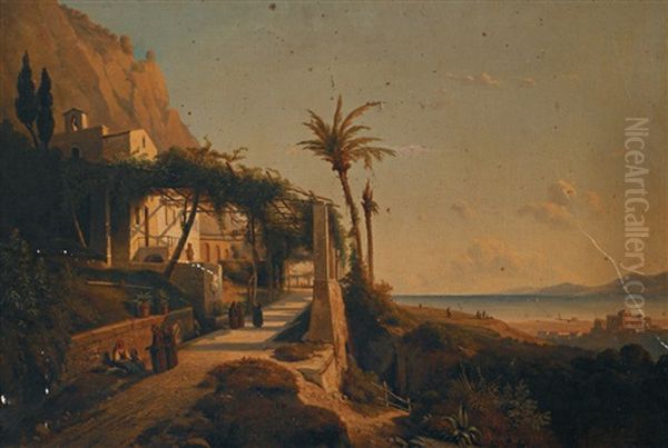 Vue Du Couvent Des Carmini A Amalfi (by Nicolas Victor Fonville) Oil Painting by Louis Auguste Lapito