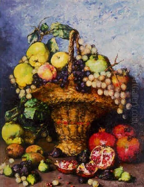 Grapes And Apples In A Basket With Pomegranates, Figs And  Nuts On A Ledge Oil Painting by Ramon Laporta Astort