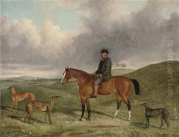 Portrait Of Henry Beale Esq., On A Hunter, With His Greyhounds, Including "sampler" And "sapphire", In An Extensive Landscape Oil Painting by George Henry Laporte